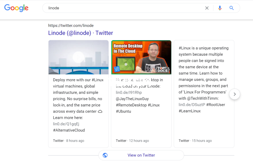Linode社交媒體頁面在Google中的排名